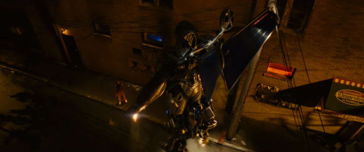 Ironheart armor hovering outside Desperito's Pizza.