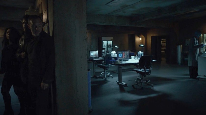 May, Deke, and Coulson in a Kree science lab in the lighthouse.