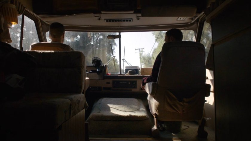 Hunter and Fitz in a motor home.