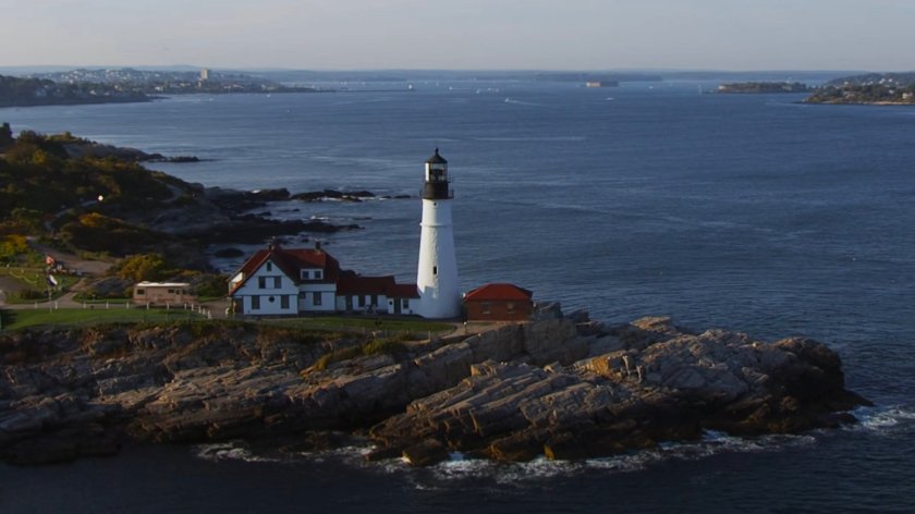 Aerial view of Lake Ontario lighthouse.