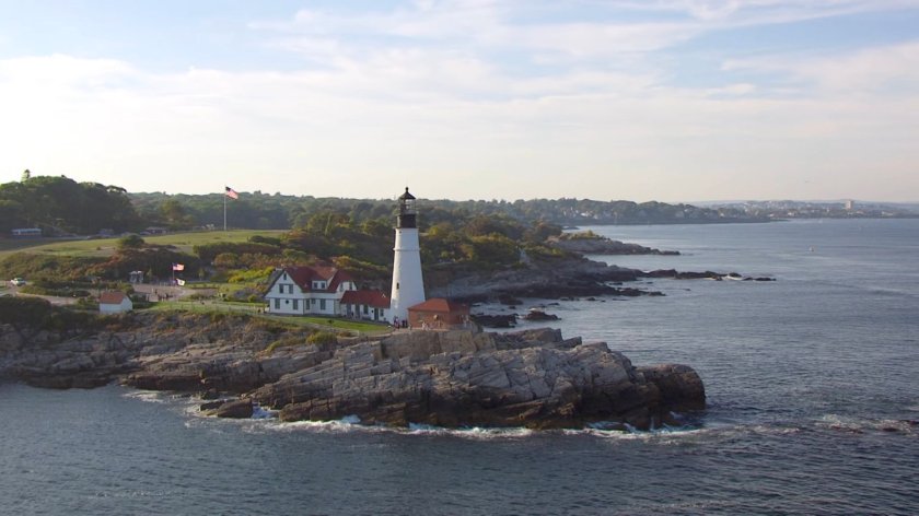 Aerial view of Lake Ontario lighthouse.