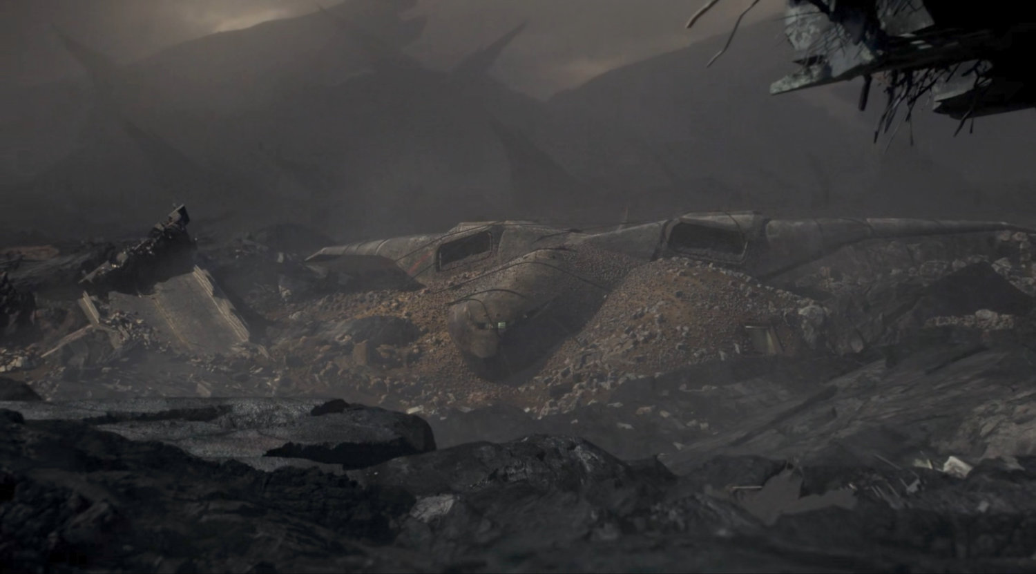 A wrecked Zephyr One lies on the surface of the future Earth.