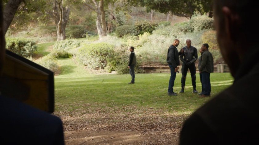 SHIELD Agents gathered in a forest on Level 27 of The Lighthouse.