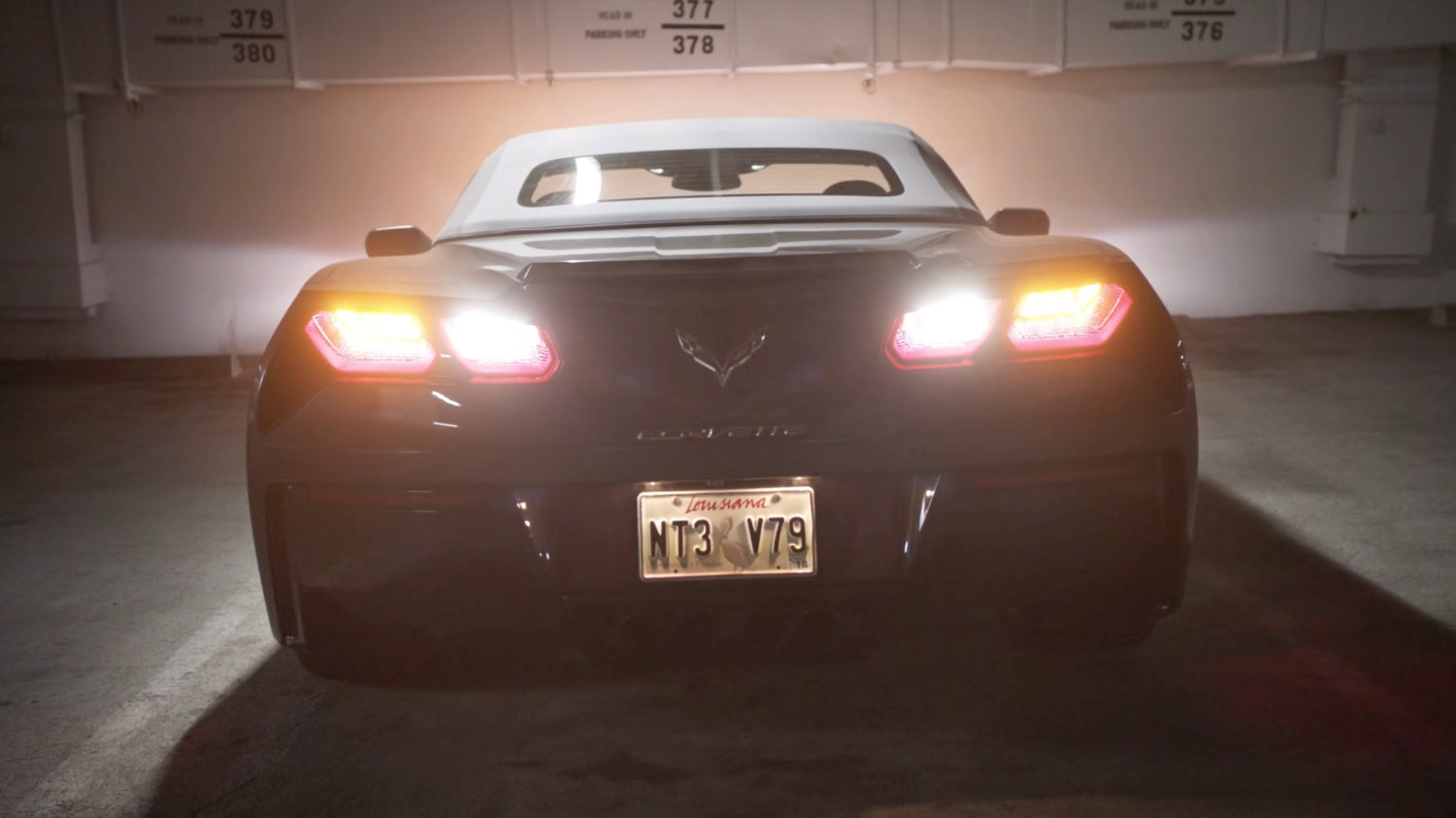 A Corvette in a parking garage in Baton Rouge.