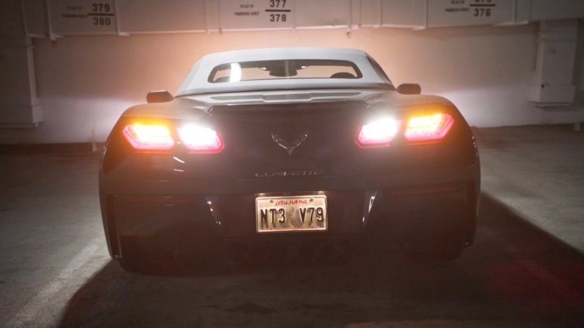 A Corvette in a parking garage in Baton Rouge.