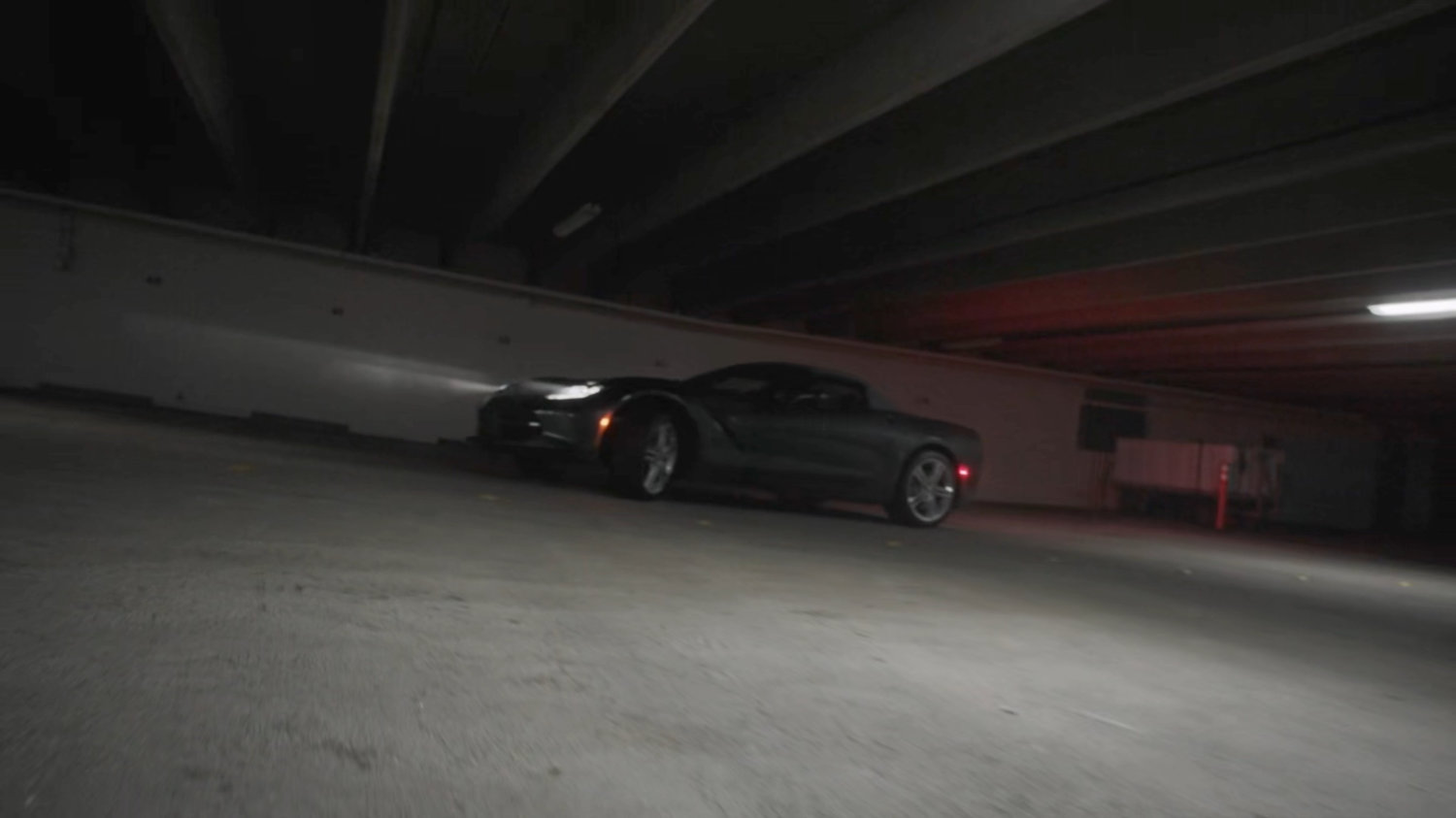 A Corvette in a parking garage in Baton Rouge.
