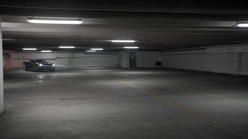 A Corvette in a parking garage in Baton Rouge.