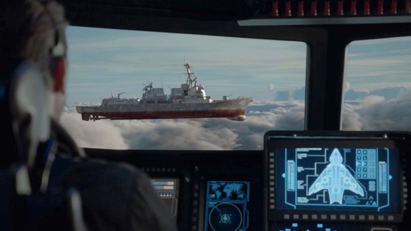 The Principia floats in midair outside the window of Zephyr One.