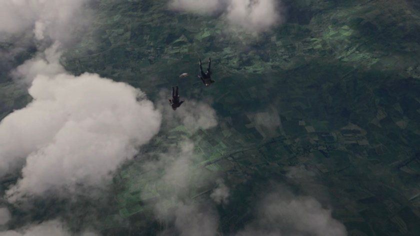 Yo-Yo, Fitz, and Simmons skydiving over Herefordshire, England.