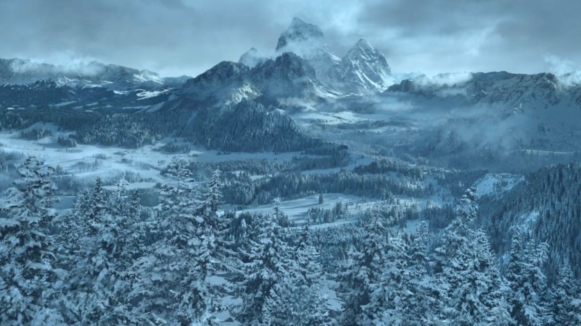 A snowy pine forest with three mountain peaks in the background.