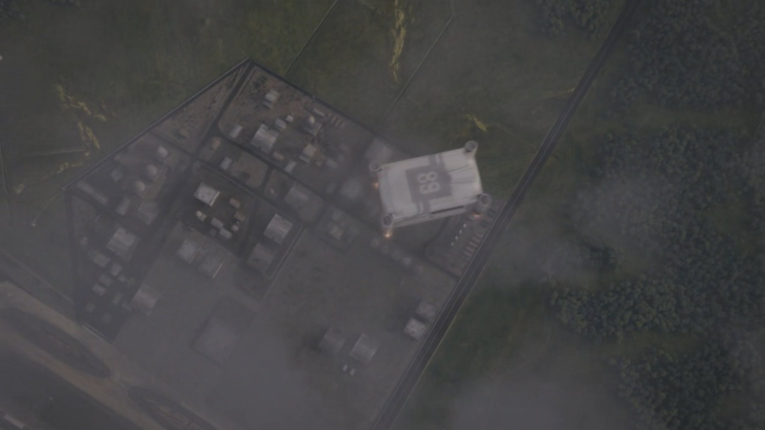 Aerial view of containment pod descending towards General Hale's Base.