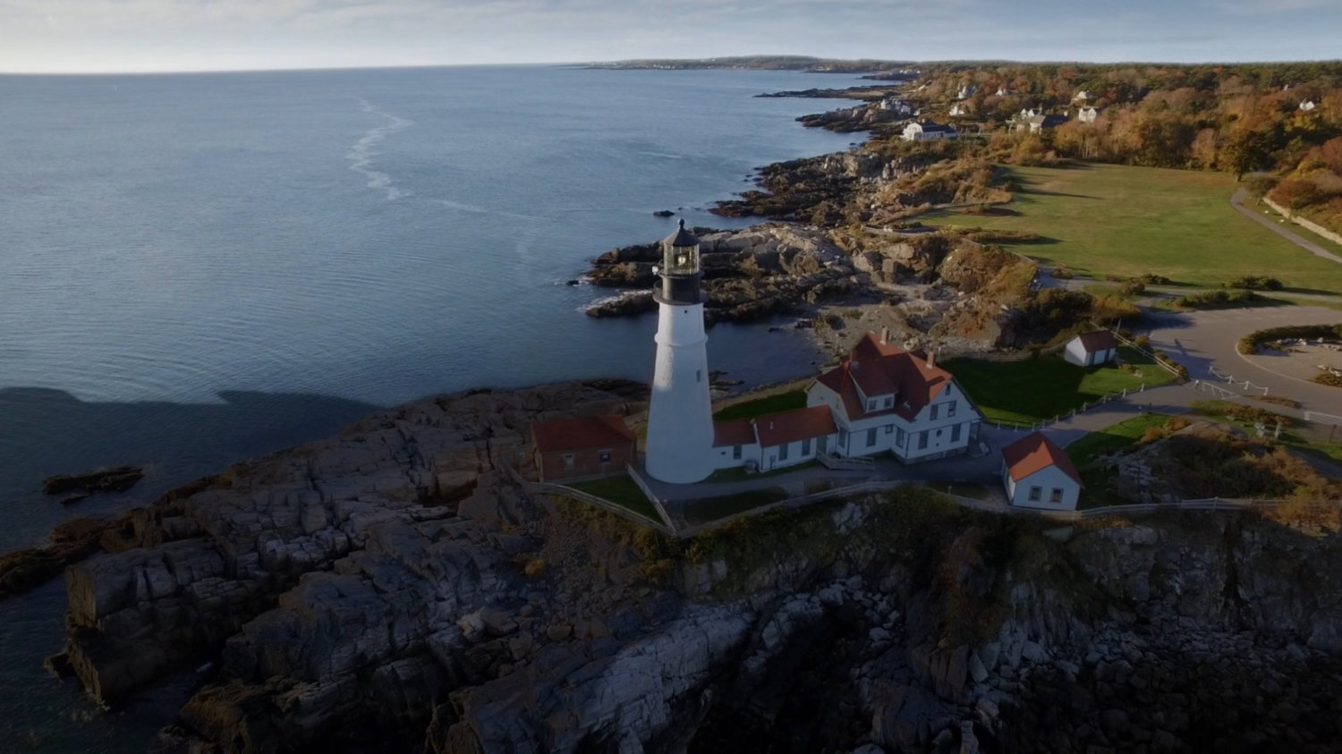 Aerial view of Lake Ontario lighthouse.