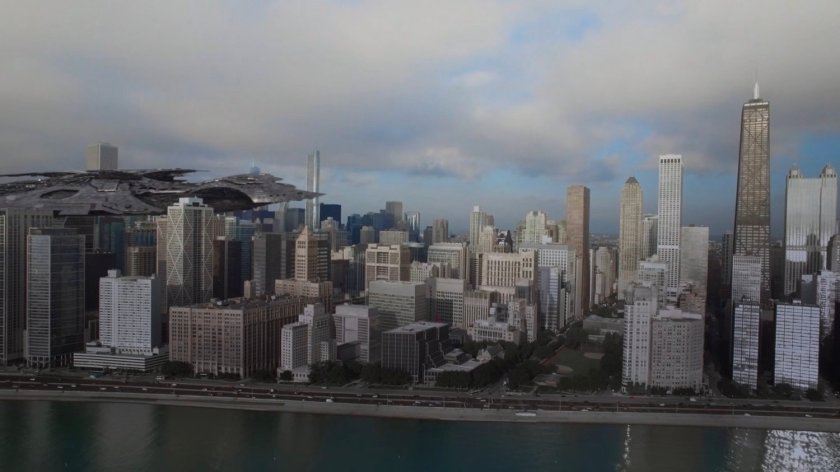 Aerial of Chicago as Qovas's ship crashes into buildings.
