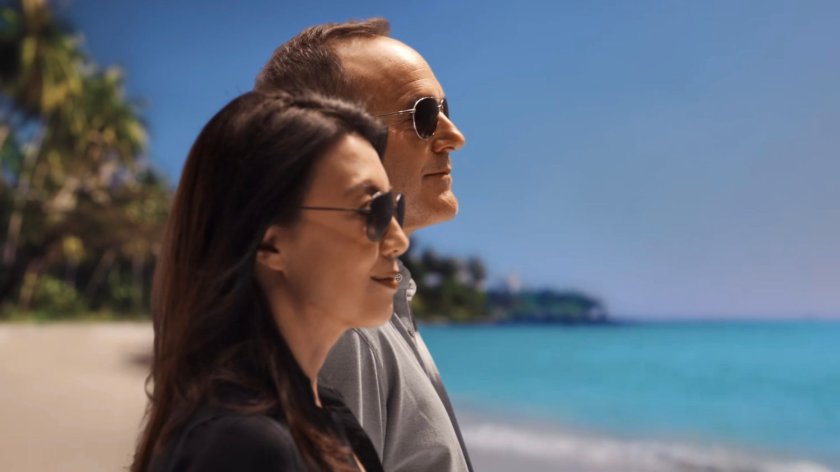 Coulson and May on a beach in Tahiti.