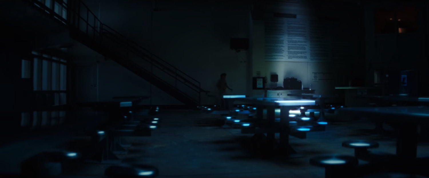 The cafeteria at Cook County Jail at night.
