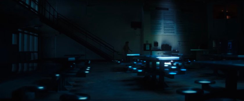 The cafeteria at Cook County Jail at night.