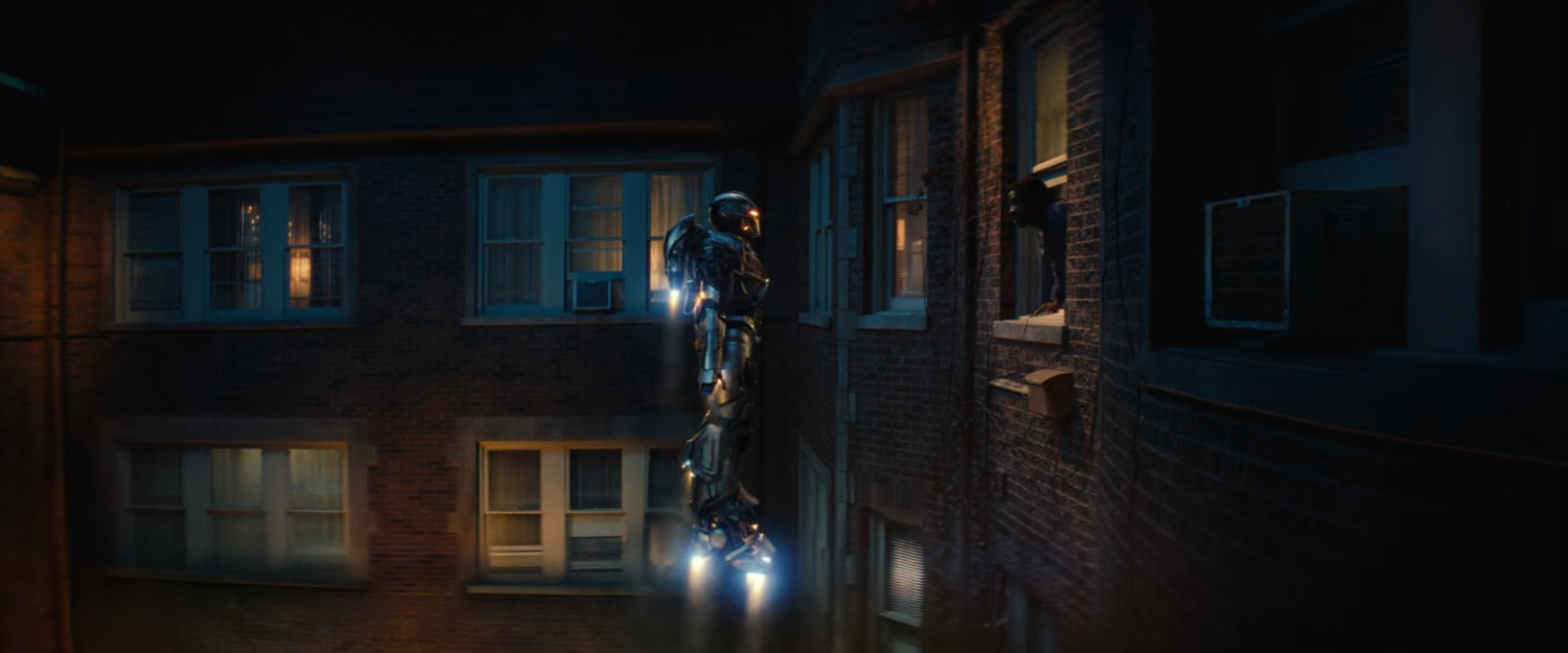 Ironheart hovering outside Xavier's apartment.