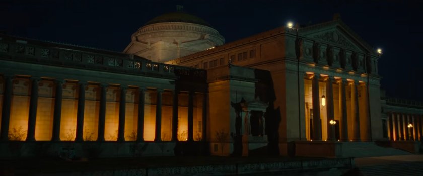 Ironheart sitting on roof of Chicago Museum of Science and Industry.