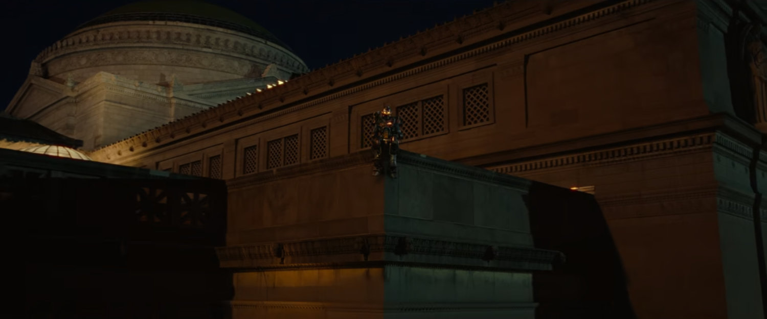 Ironheart sitting on roof of Chicago Museum of Science and Industry.