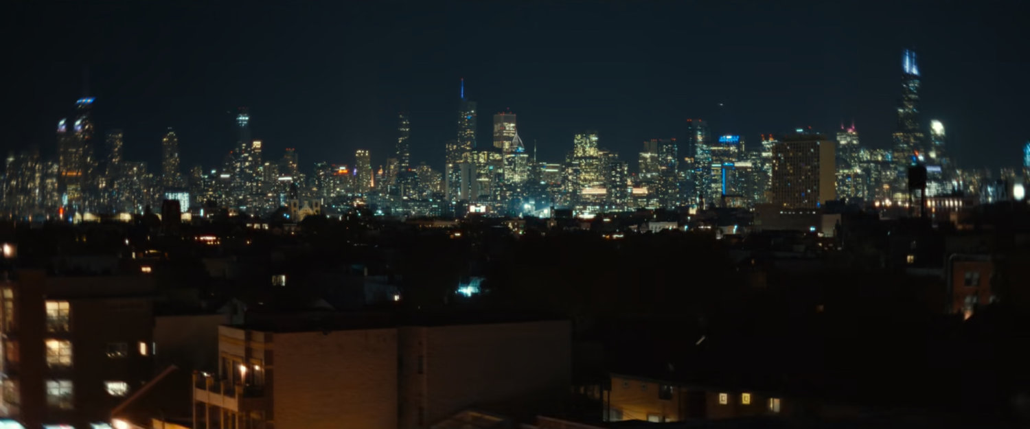 Night time aerial of Chicago.
