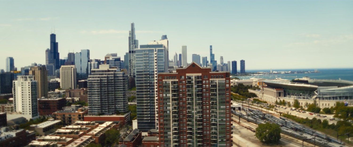 Aerial of Chicago and Soldier Field.