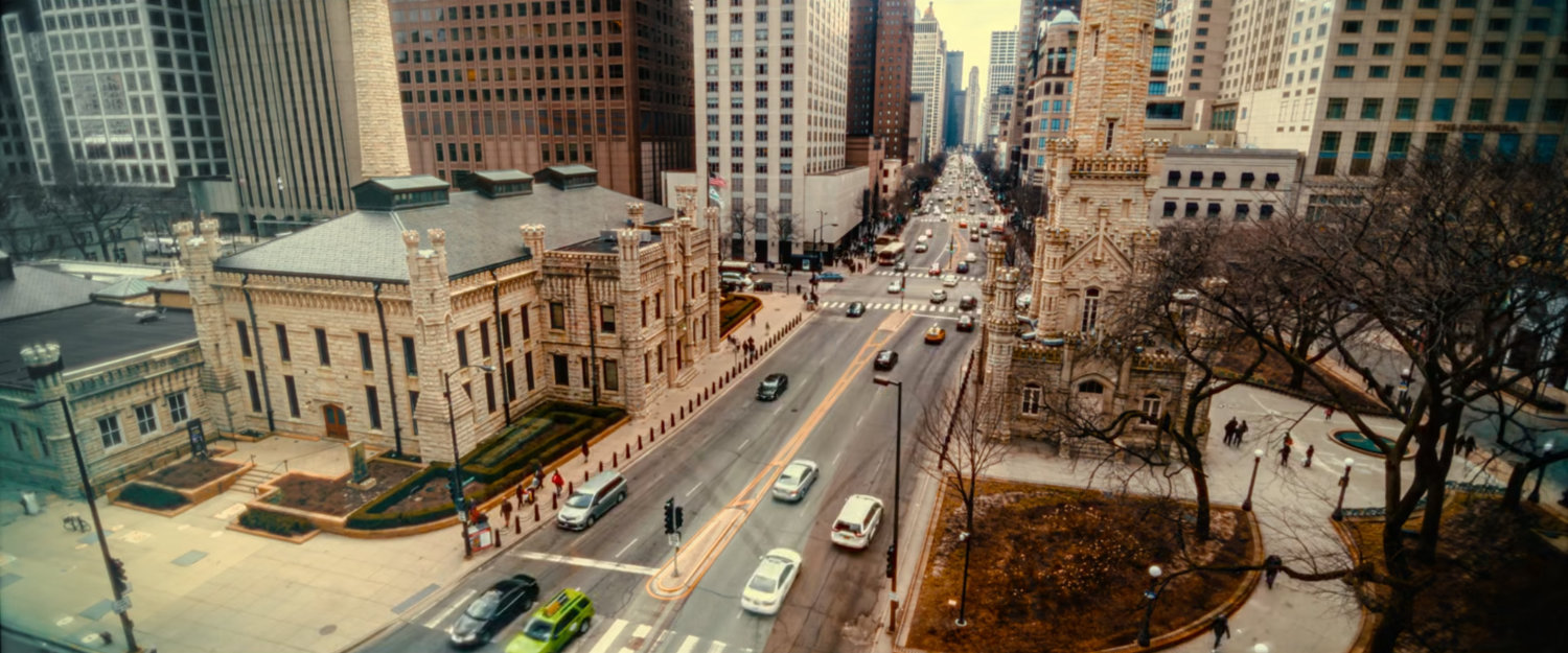 Aerial view of Byrne Plaza Park and Chicago Water Works building.