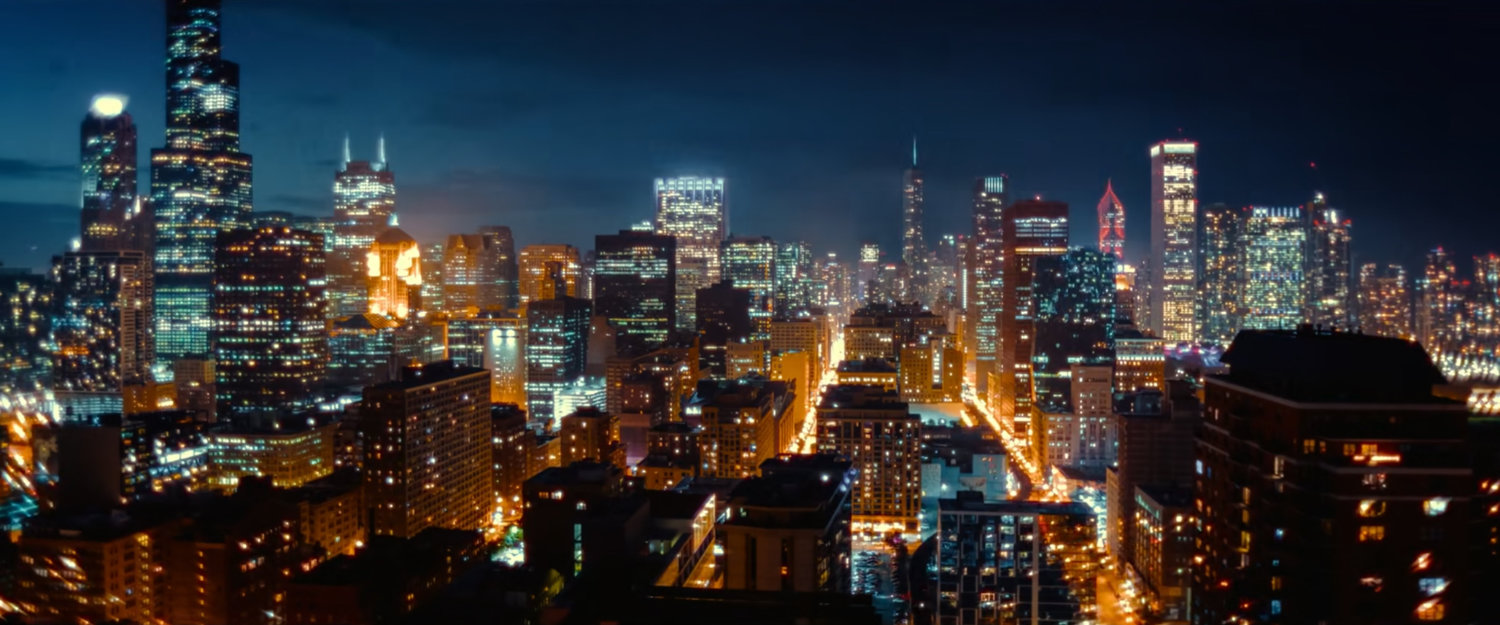 Night time aerial of Chicago.