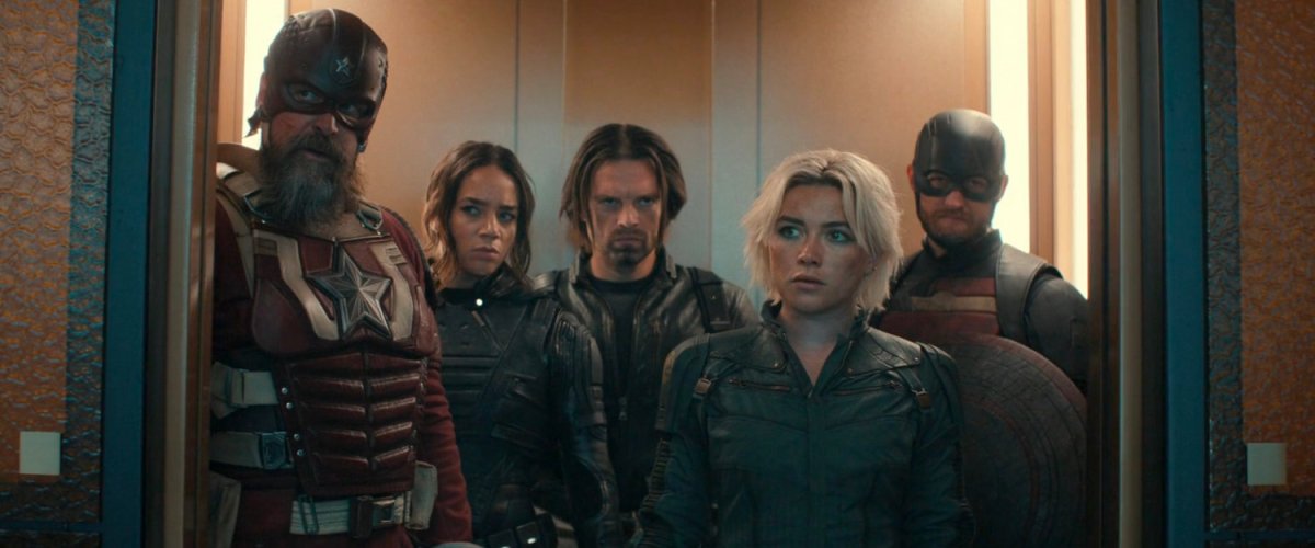 The Thunderbolts on an elevator.