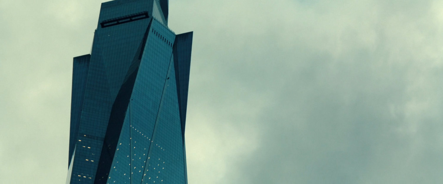 Yelena jumping off a building in Kuala Lumpur.