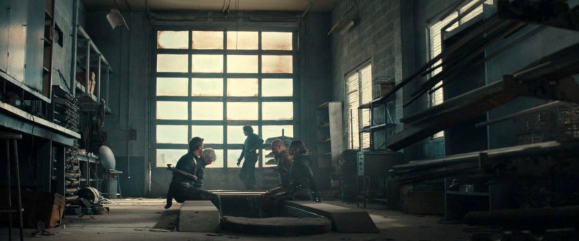 Bucky, with Walker, Yelena, Ghost and Alexei in an abandoned service station.