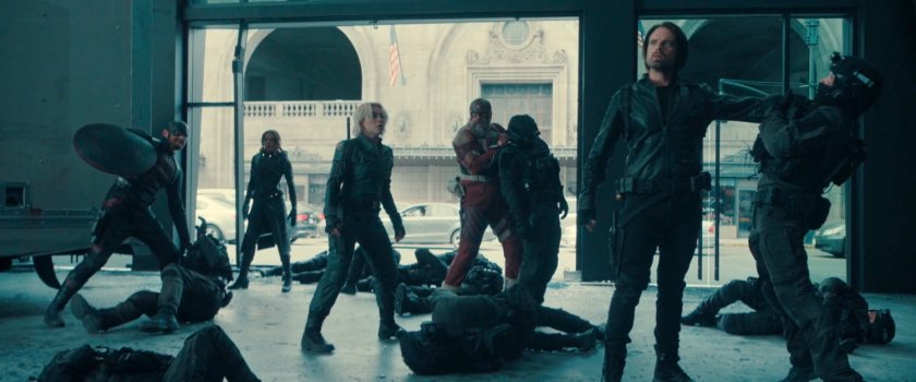 Bucky, Ghost, Walker, Yelena, and Alexei in the lobby of the Watchtower.