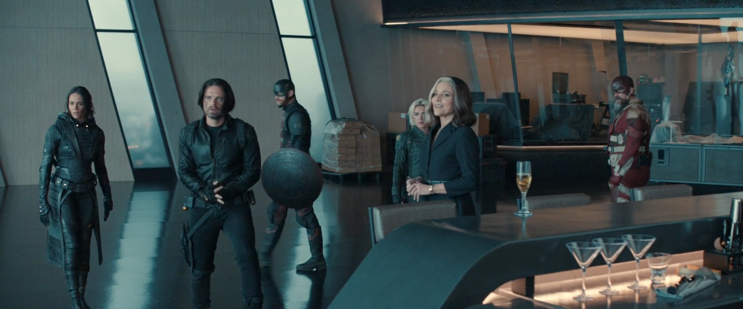 Bucky, Ghost, Walker, Yelena, and Alexei meet Valentina in the main floor of the Watchtower.