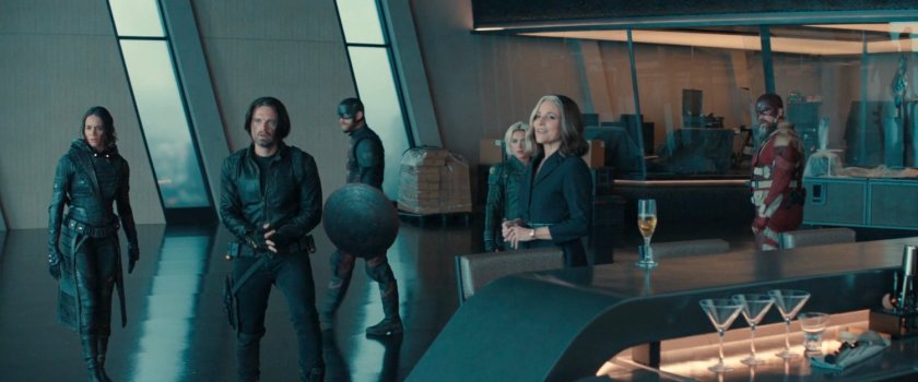 Bucky, Ghost, Walker, Yelena, and Alexei meet Valentina in the main floor of the Watchtower.