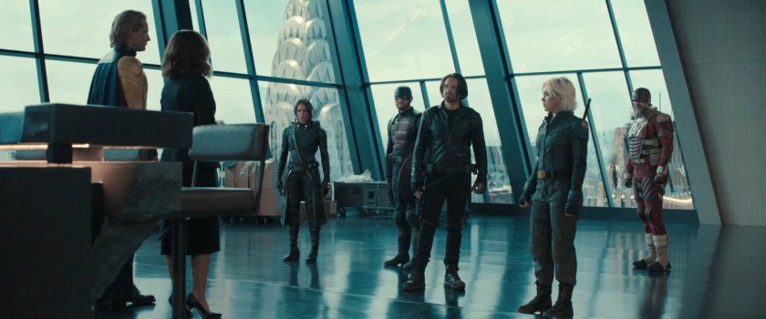 Bucky, Ghost, Walker, Yelena, and Alexei meet Bob in the main floor of the Watchtower.