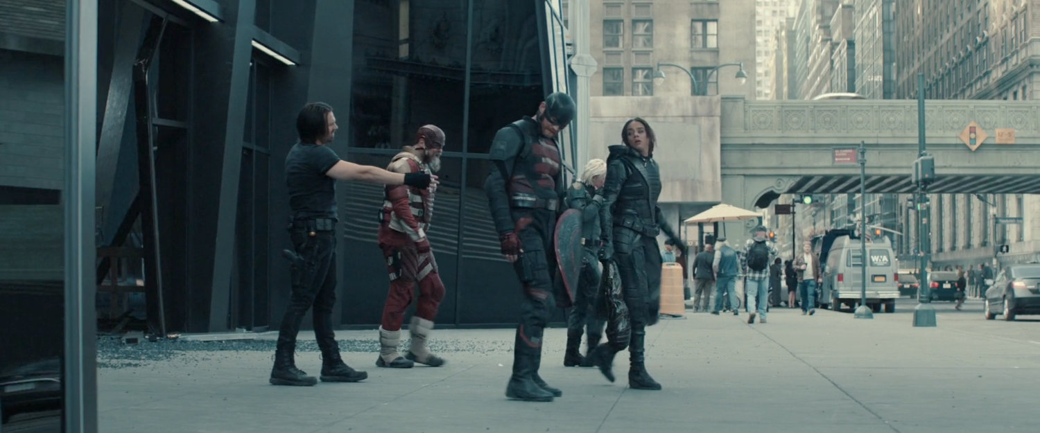 Bucky, Ghost, Walker, Yelena, and Alexei on the sidewalk outside of the Watchtower.