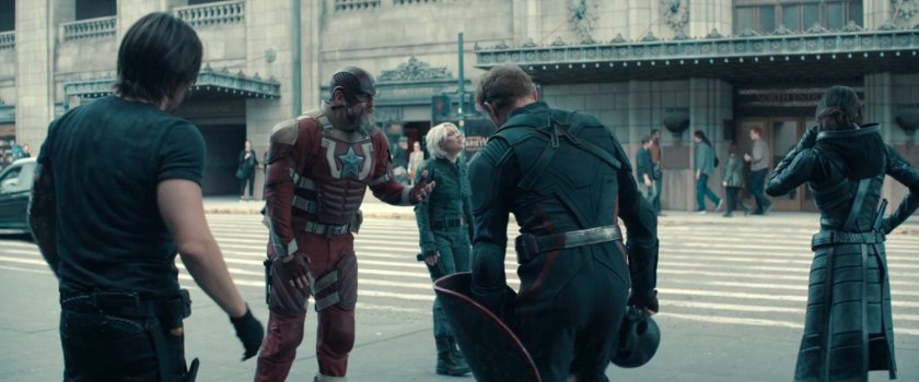 Bucky, Ghost, Walker, Yelena, and Alexei on the sidewalk outside of the Watchtower.