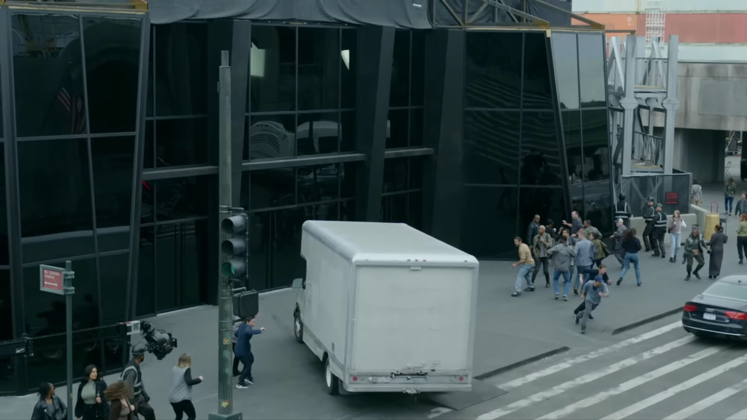 Behind the scenes image of New York battle scene recreated on backlot.