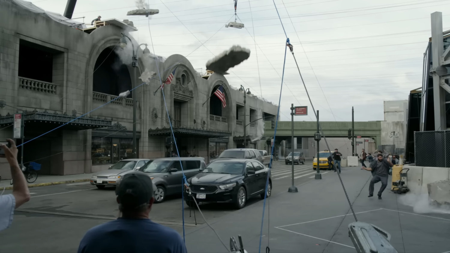 Behind the scenes image of New York battle scene recreated on backlot.