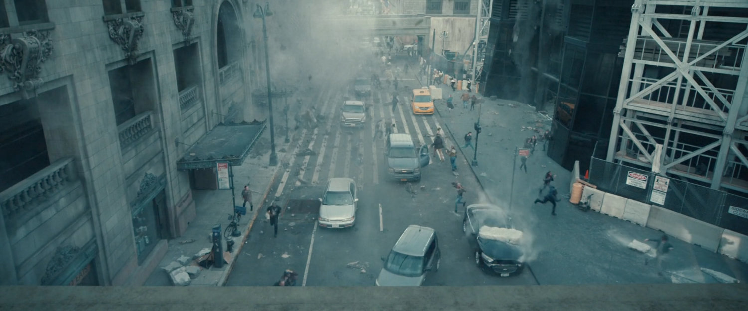Destruction in the street outside the Watchtower.