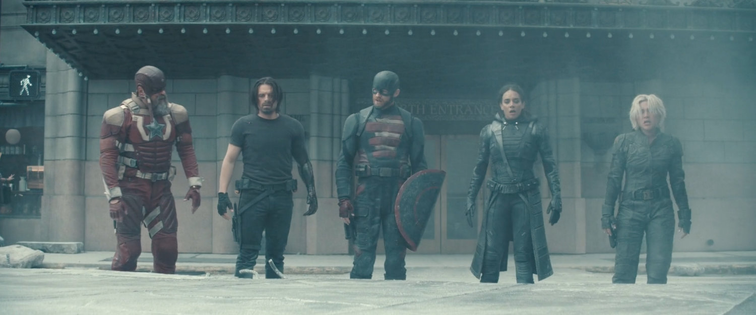 Alexei, Bucky, Walker, Ghost and Yelena on the street outside of the Watchtower.