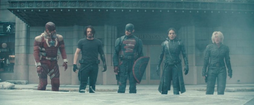 Alexei, Bucky, Walker, Ghost and Yelena on the street outside of the Watchtower.