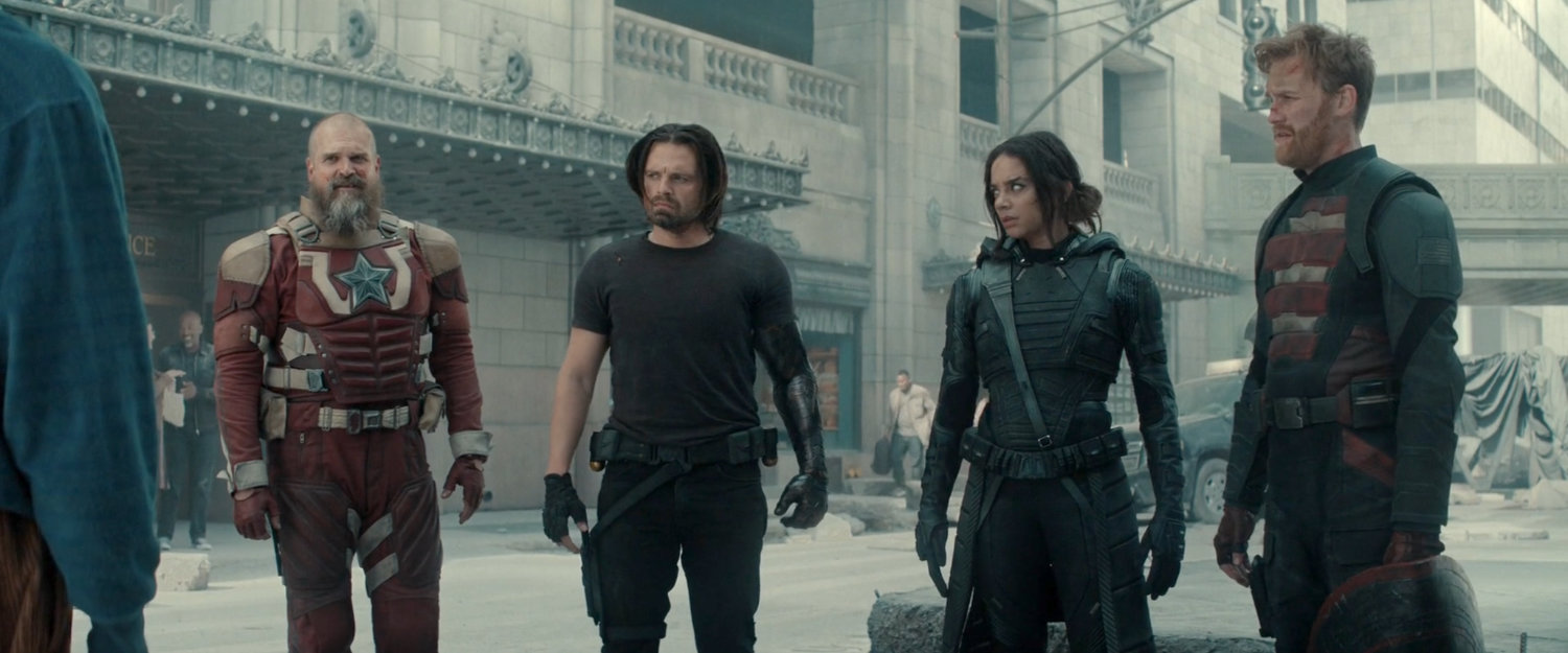 Alexei, Bucky, Walker, and Ghost on the street outside of the Watchtower.