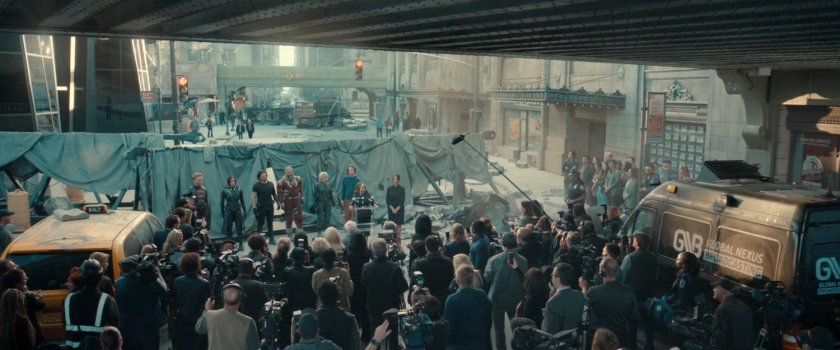 Valentina's press conference introducing the New Avengers.