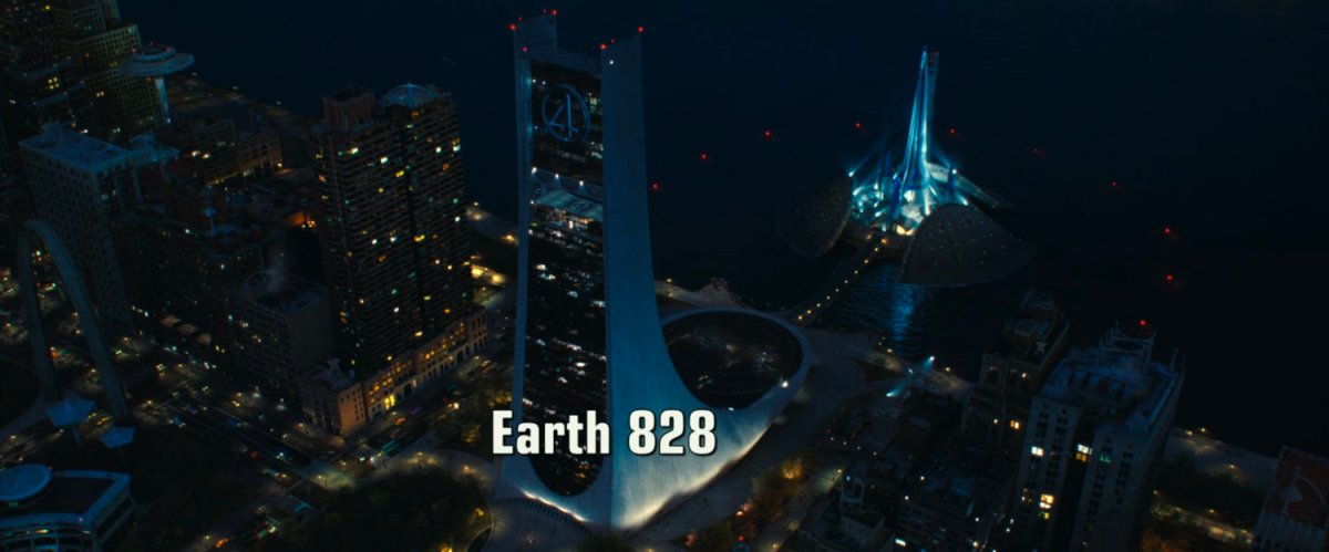 Aerial view of Future Foundation and Excelsior launch pad. Earth-828.