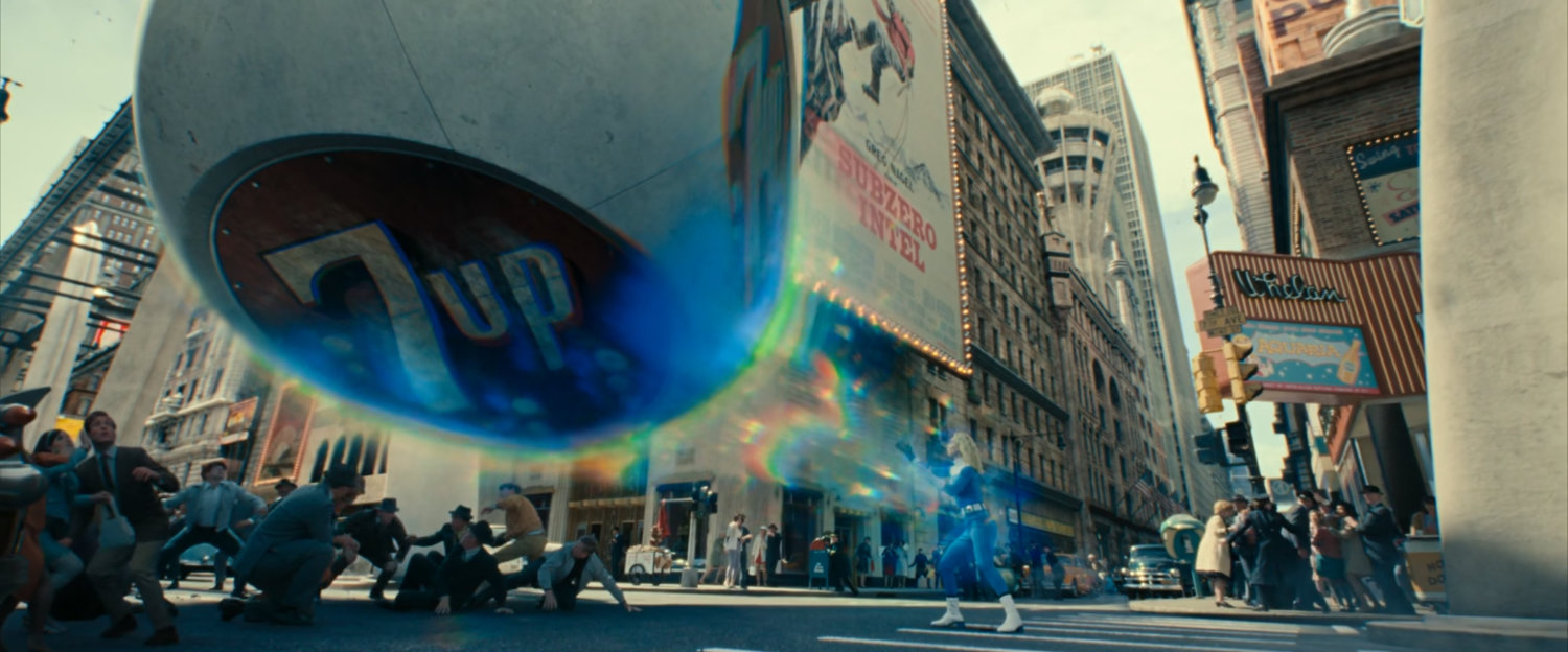 Sue using her powers to stop a 7up sign from crushing pedestrians in New York City.