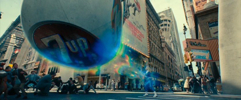 Sue using her powers to stop a 7up sign from crushing pedestrians in New York City.