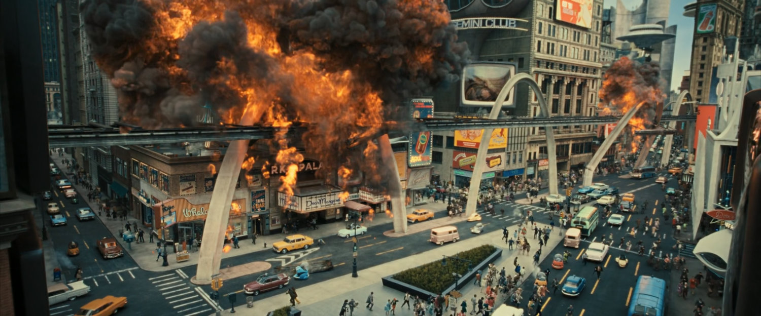 A fire on a monorail in Time Square.