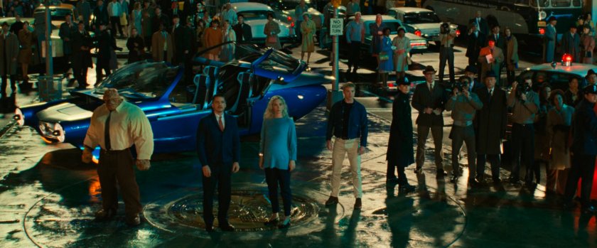 The Fantastic Four, and others, watching the Silver Surfer in Times Square.