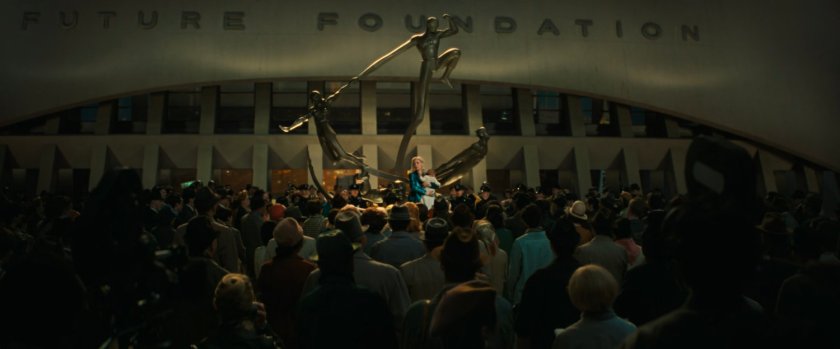 Sue, with Franklin, speaking to a crowd in the courtyard of the Future Foundation.