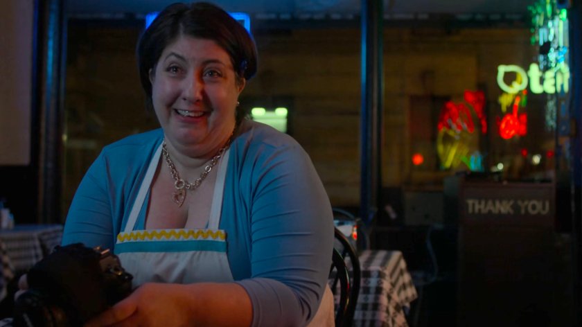 Mavis at a pizza restaurant.